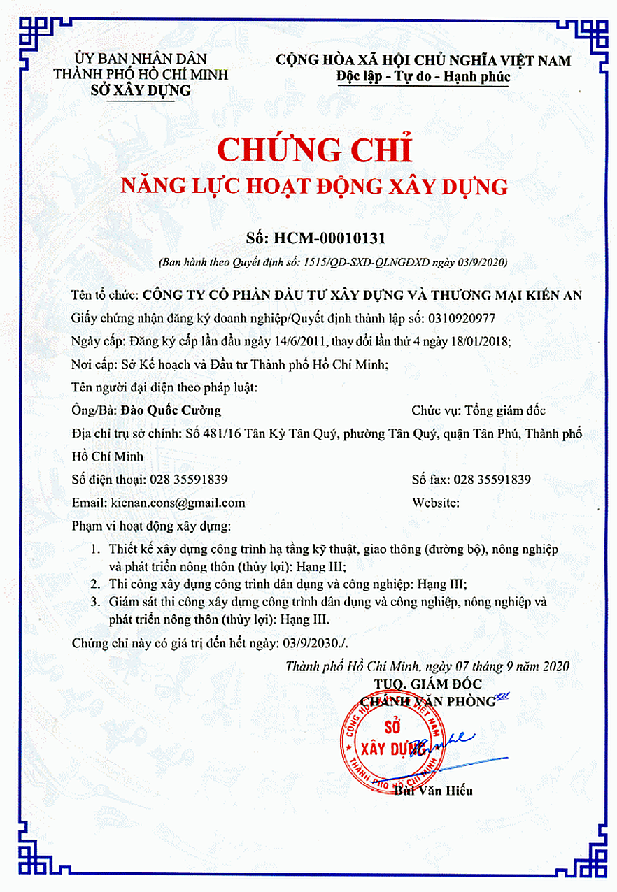 Chứng chỉ năng lực hoạt động xây dựng số HCM-00010131